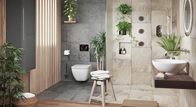 Nhà vệ sinh gọn gàng, sạch sẽ với điểm nhấn là cây xanh nhỏ.